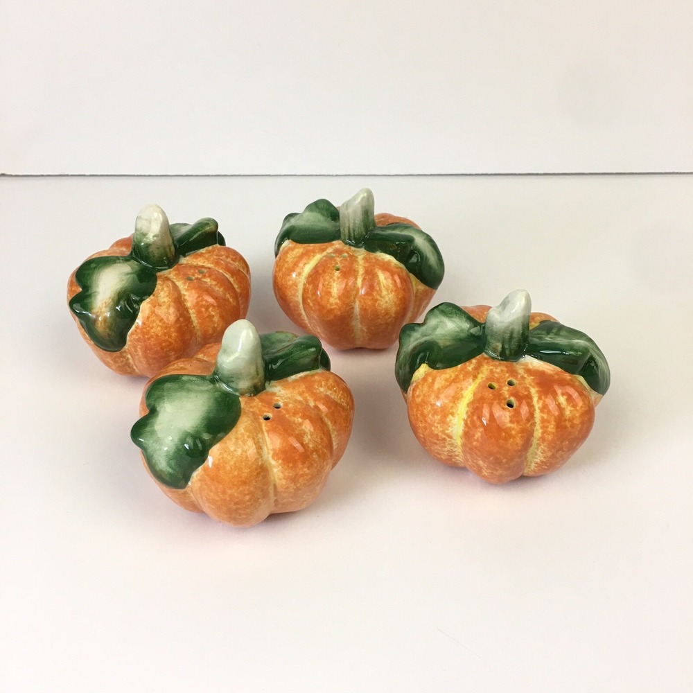 2 Sets of Orange Pumpkins Salt and Pepper Shakers Ceramic w Plastic Corks Autumn